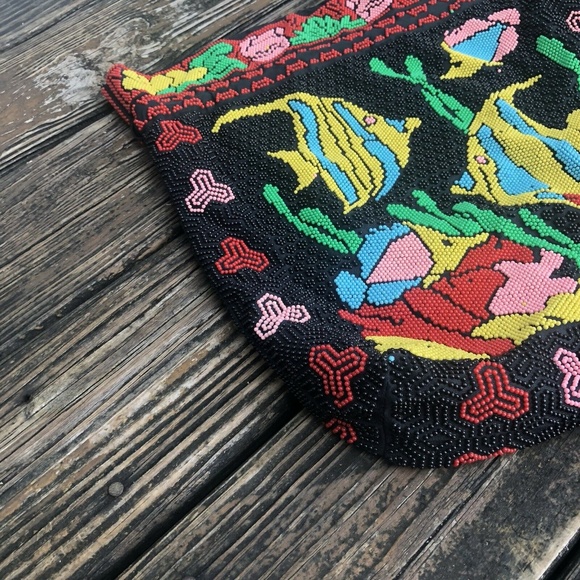 Corde Beaded Bag Drawstring Satchel Fish Ocean Black Green Yellow Vintage 80s - Picture 7 of 8